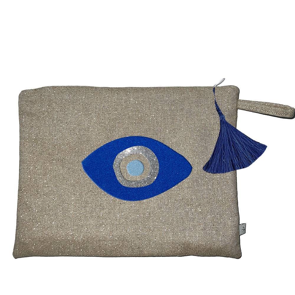 Kosmetiktasche Mykonos aus Leinen mit blauem Auge Print