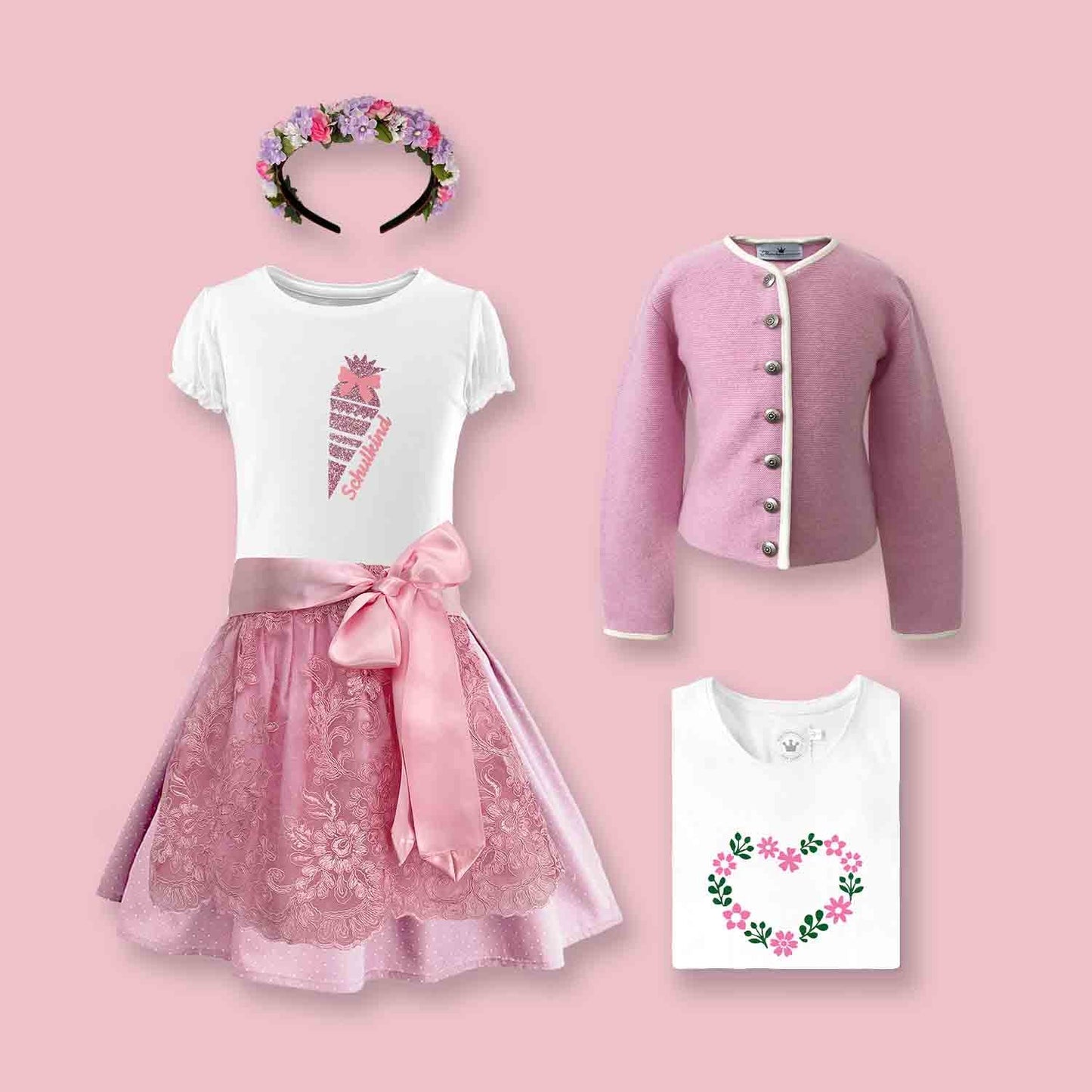 rosa Dirndl mit Spitzen schürze und Schulanfangs T-Shirt, passend dazu Strickjacke und Bluemnhaarreifen