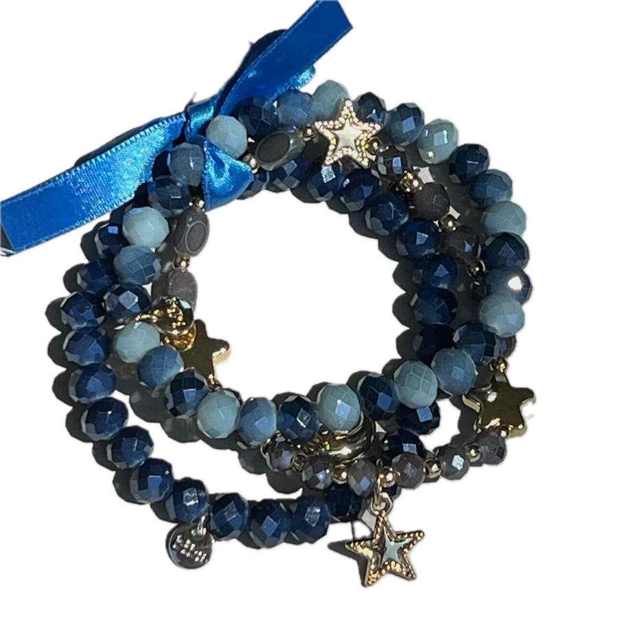 Armband dreifach Blau gold Perlen Charms Sterne.2