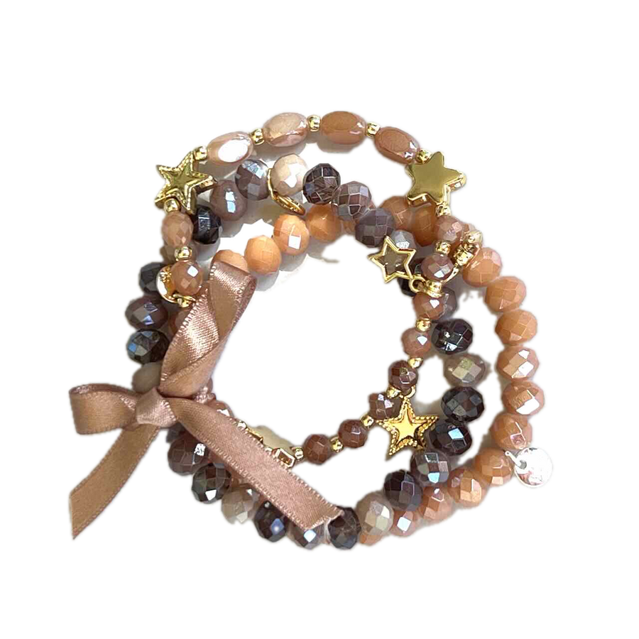 Armband dreifach beige braun gold Perlen Charms Sterne
