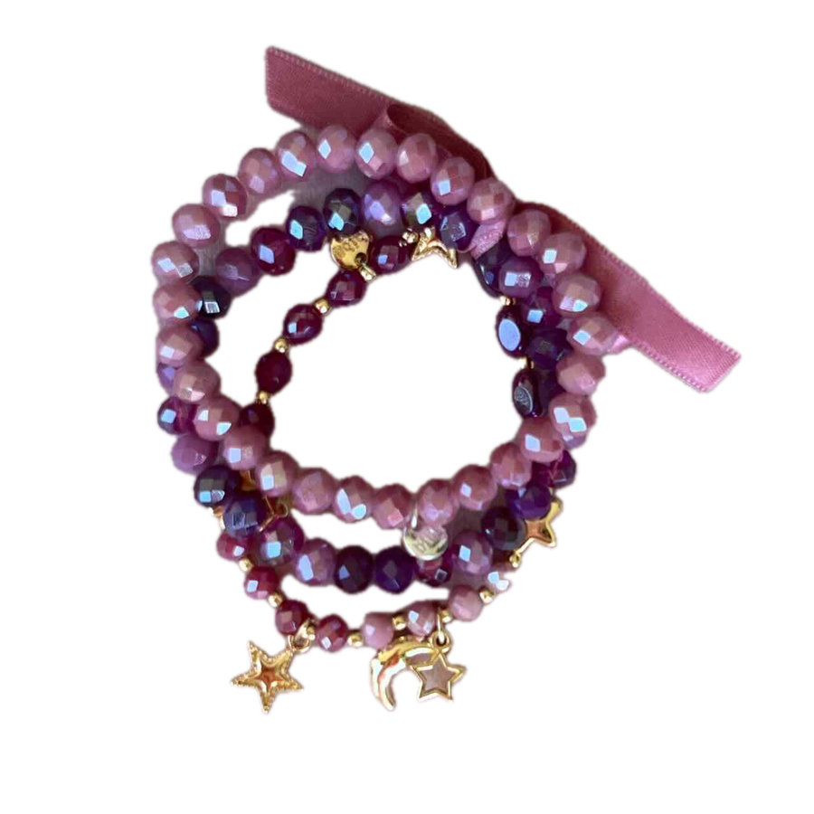 Armband dreifach rosa beere gold Perlen Charms Sterne