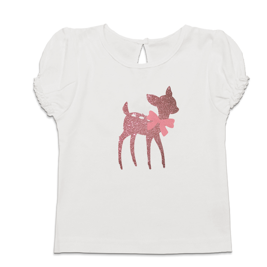 Laden Sie das Bild in den Galerie-Viewer, Baby T-Shirt Mädchen Glitzer Bambi mit Schleife
