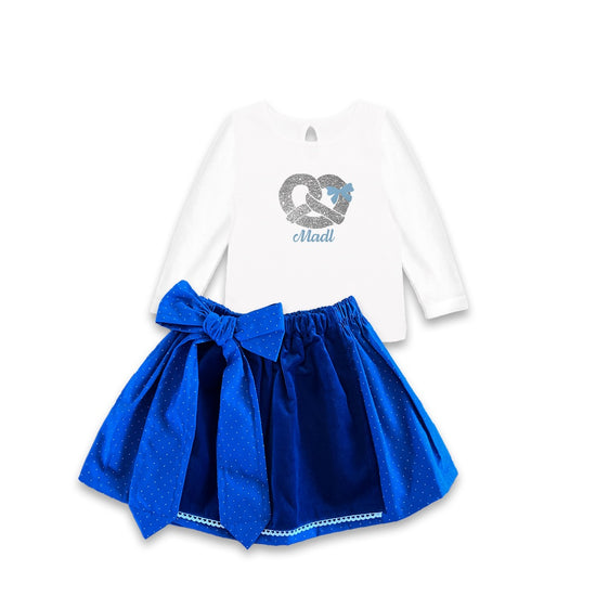 Babydirndl Rock azurblau Punkt Schuerze Samt blau Shirt Brezl