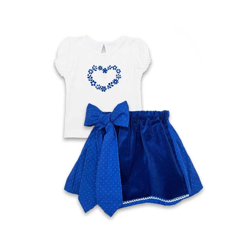 Babydirndl Rock pazurblau Punkt Schuerze Samt blau Shirt Herzl2