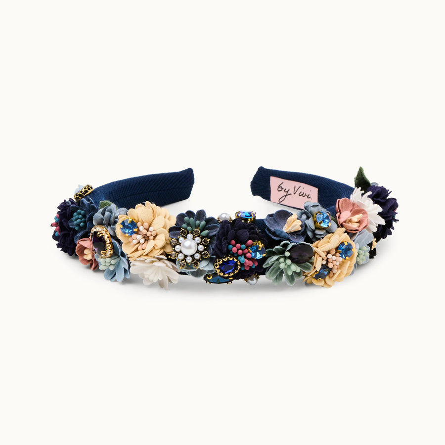 Blumenhaarreif Stoff Samt Steinchen blau