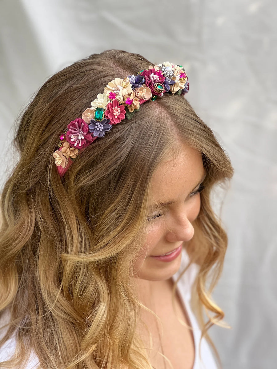 Blumenhaarreif Stoff Samt Steinchen pink Modell