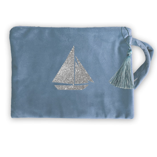 Boot Kosmetiktasche Samt bhellblau Segelboot silber