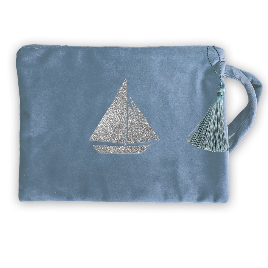Boot Kosmetiktasche Samt bhellblau Segelboot silber