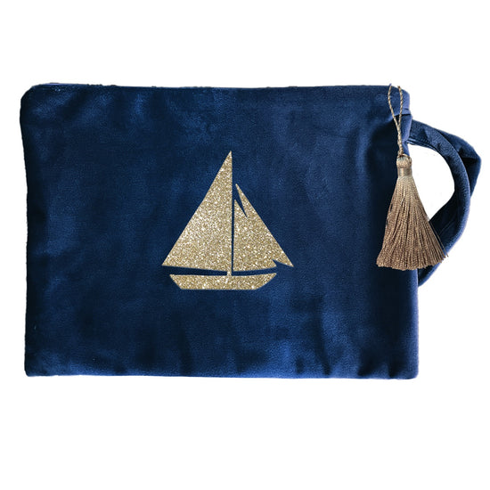 Boot Kosmetiktasche Samt dunkelblau Segelboot gold