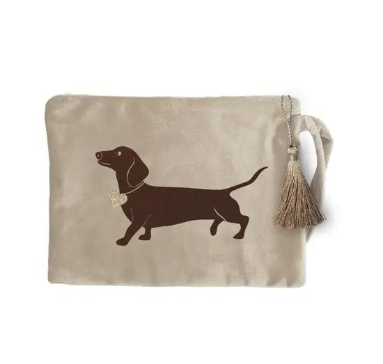 Clutch Kosmetiktasche Samt beige Dackel braun