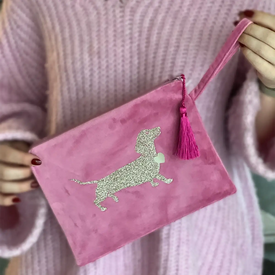 Clutch Kosmetiktasche Samt pink Dackel gold