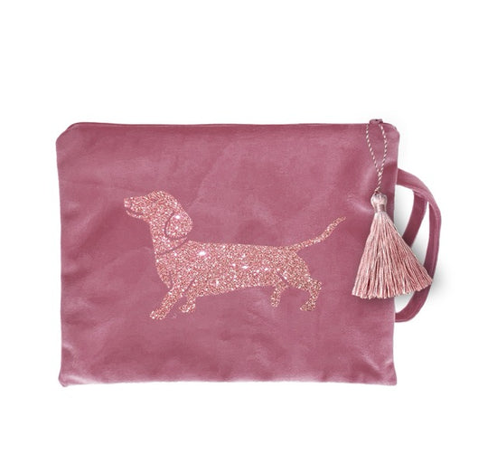 Clutch Kosmetiktasche Samt rosa Dackel rosegold