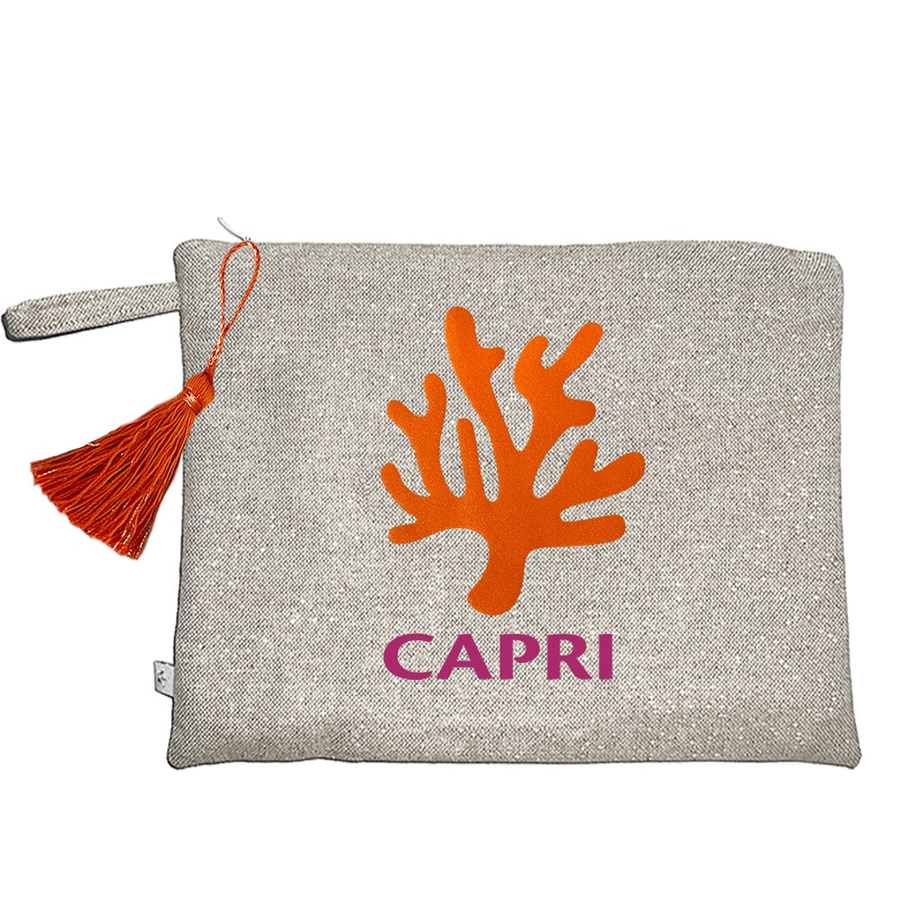 Kosmetiktasche Capri in Leinen mit Samt Koralle in orange