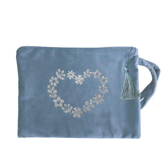 Clutch Samt hellblau Herzl silber