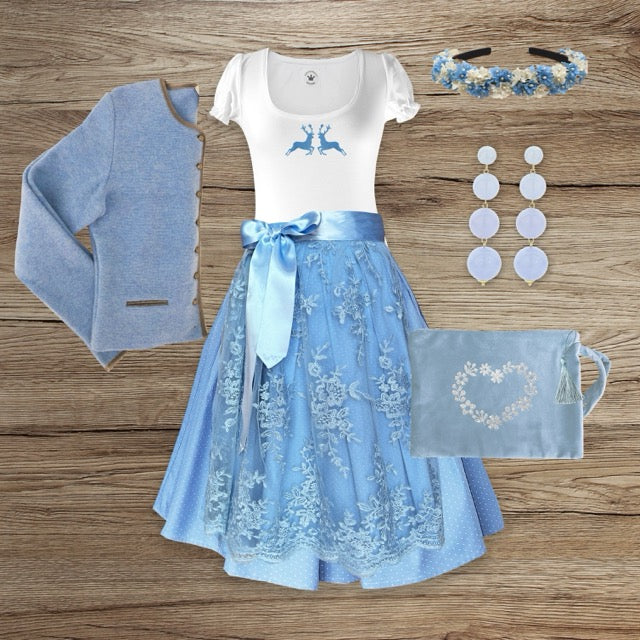 Damen Dirndl Spitze himmelblau Märchenwerkstatt Damen Dirndl ohne Mieder mit T-Shirt , Rock &amp; Schürze