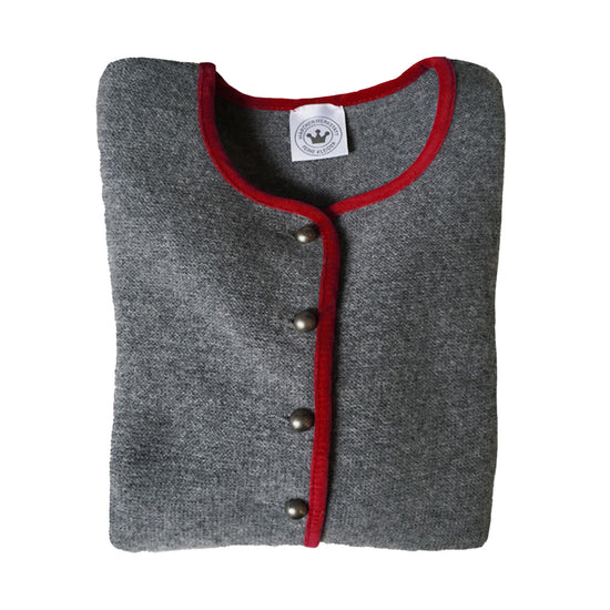 Damen Janker Strickjacke grau mit roter Samtkante