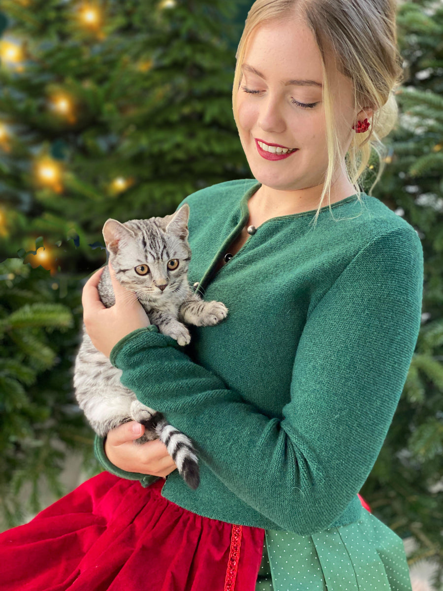 Damen Weihnachtsdirndl gruen, rot Janker babykatze
