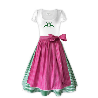 
                    
                      Damen Dirndl ohne Mieder in grün mit T-Shirt und pinkfarbener Schürze
                    
                  