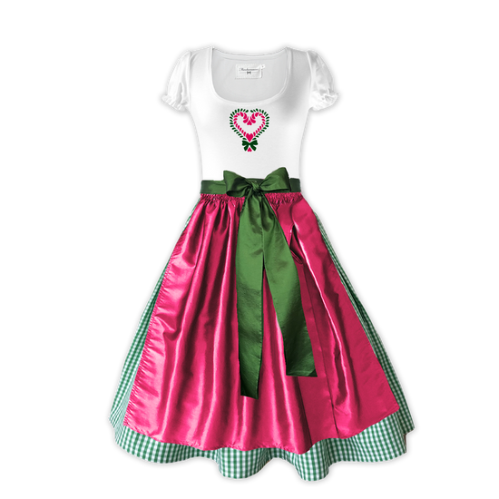 Damen Dirndl ohne Mieder in grün mit T-Shirt und pinkfarbener Taftschürze
