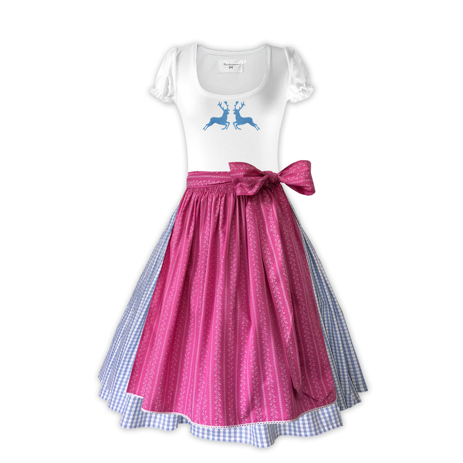 Damen Dirndl ohne Mieder in hellblau mit T-Shirt und pinkfarbener Schürze