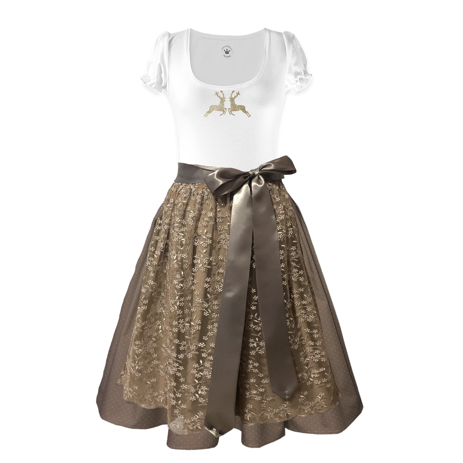 Damendirndl Rock Tupfen beige Schuerze Spitze Blumen beige Shirt Glitzerhirsche gold