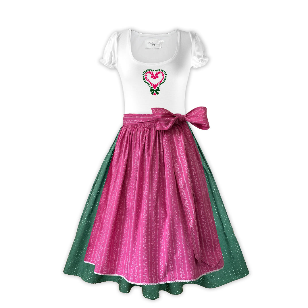 Damen Dirndl „Bergwiese Punkte rosa Märchenwerkstatt Damen Dirndl ohne Mieder mit T-Shirt , Rock &amp; Schürze