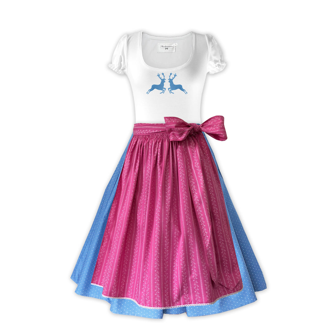 Damen Dirndl „Bergwiese Punkte rosa Märchenwerkstatt Damen Dirndl ohne Mieder mit T-Shirt , Rock &amp; Schürze