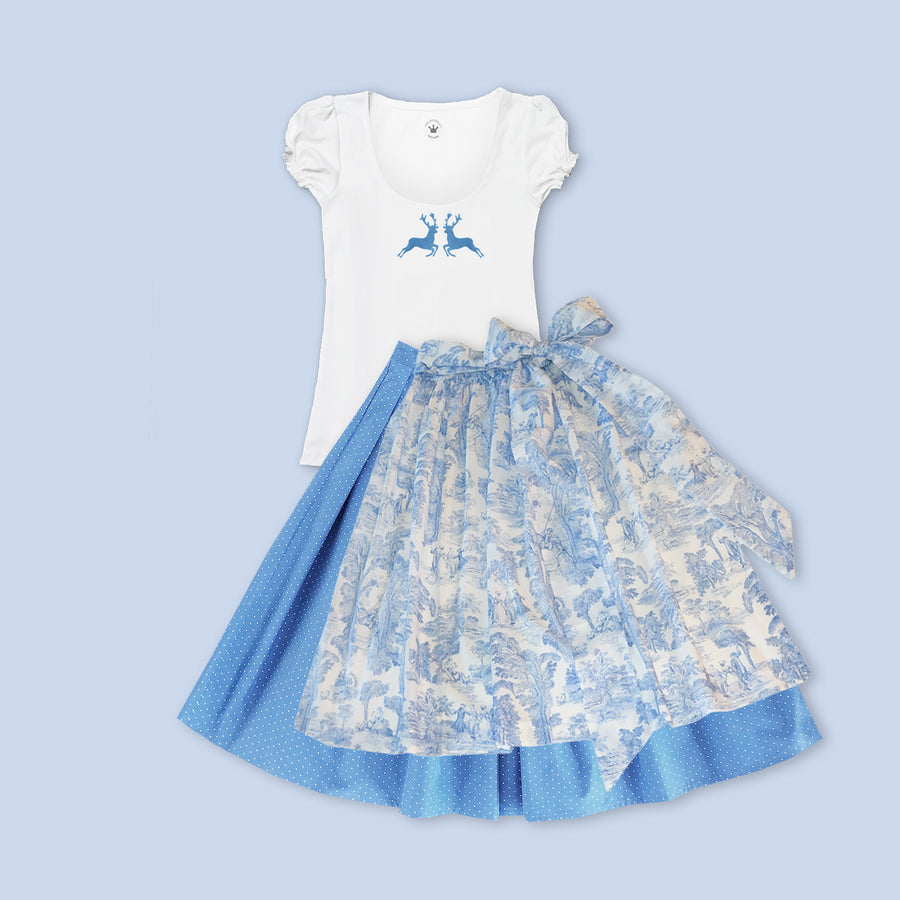 Damendirndl Rock Tupfen hellblau Schuerze Toile Shirt Hirsch