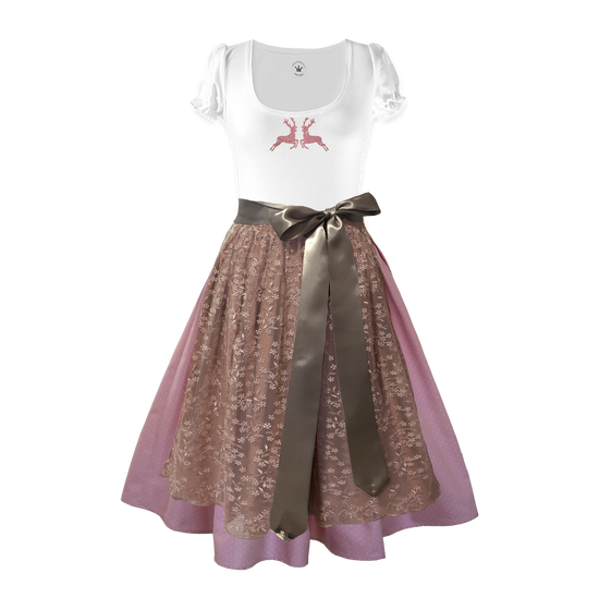 Damendirndl Rock Tupfen rosa Schuerze Spitze Blumen beige Shirt Glitzerhirsche
