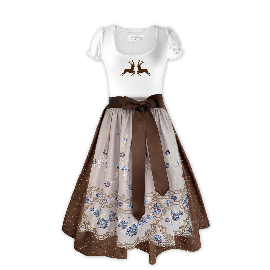 Damen Dirndl blaue Stickerei braune Bänder Damen Dirndl ohne Mieder mit T-Shirt und , Rock und Märchenwerkstatt Schürze