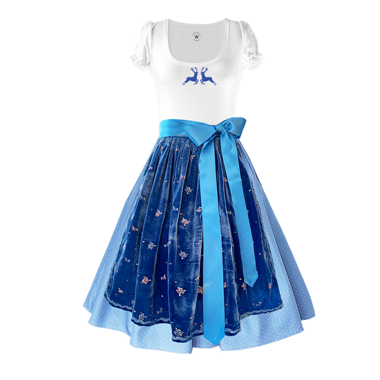 Damendirndl Trachtenrock Tupfen hellblau Samt Seide bestickt blau Shirt Hirsch