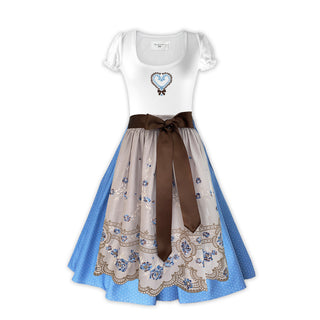 
                    
                      Damen Dirndl blaue Stickerei braune Bänder Damen Dirndl ohne Mieder mit T-Shirt und , Rock und Märchenwerkstatt Schürze
                    
                  