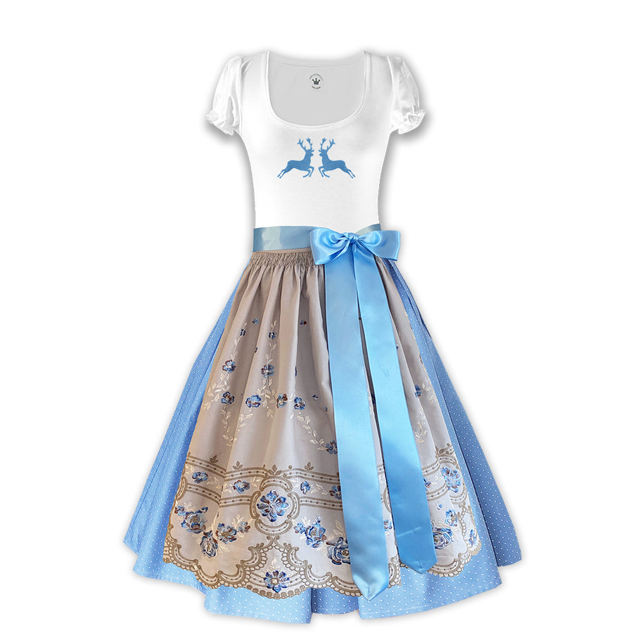 Damendirndl Trachtenrock tupfen hellblau Schuerze bestickt.blau