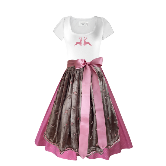 Damendirndl Trachtenrock tupfen rosa Schuerze Samt Seide bestickt altrosa Shirt Hirsch braun