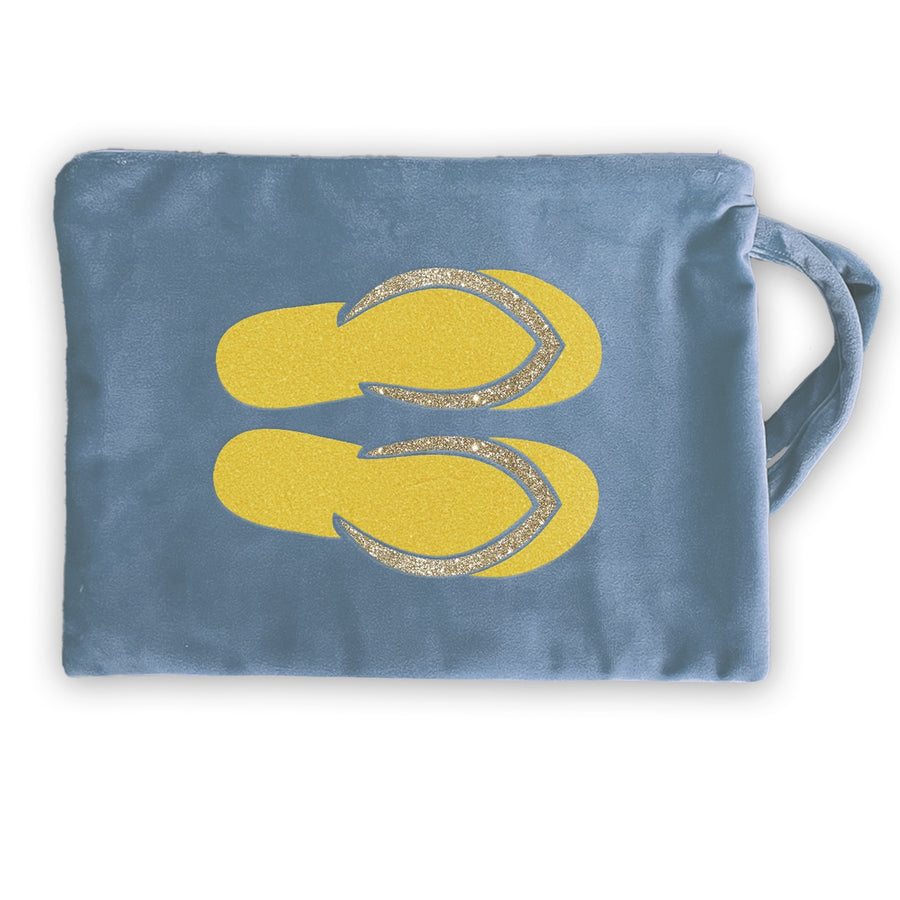 Flip Flop Kosmetiktasche Samt hellblau gold gelb