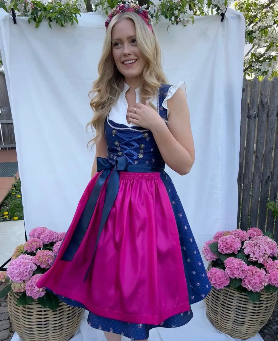 Damen Dirndl mit Taftschürze in Pink und Blau