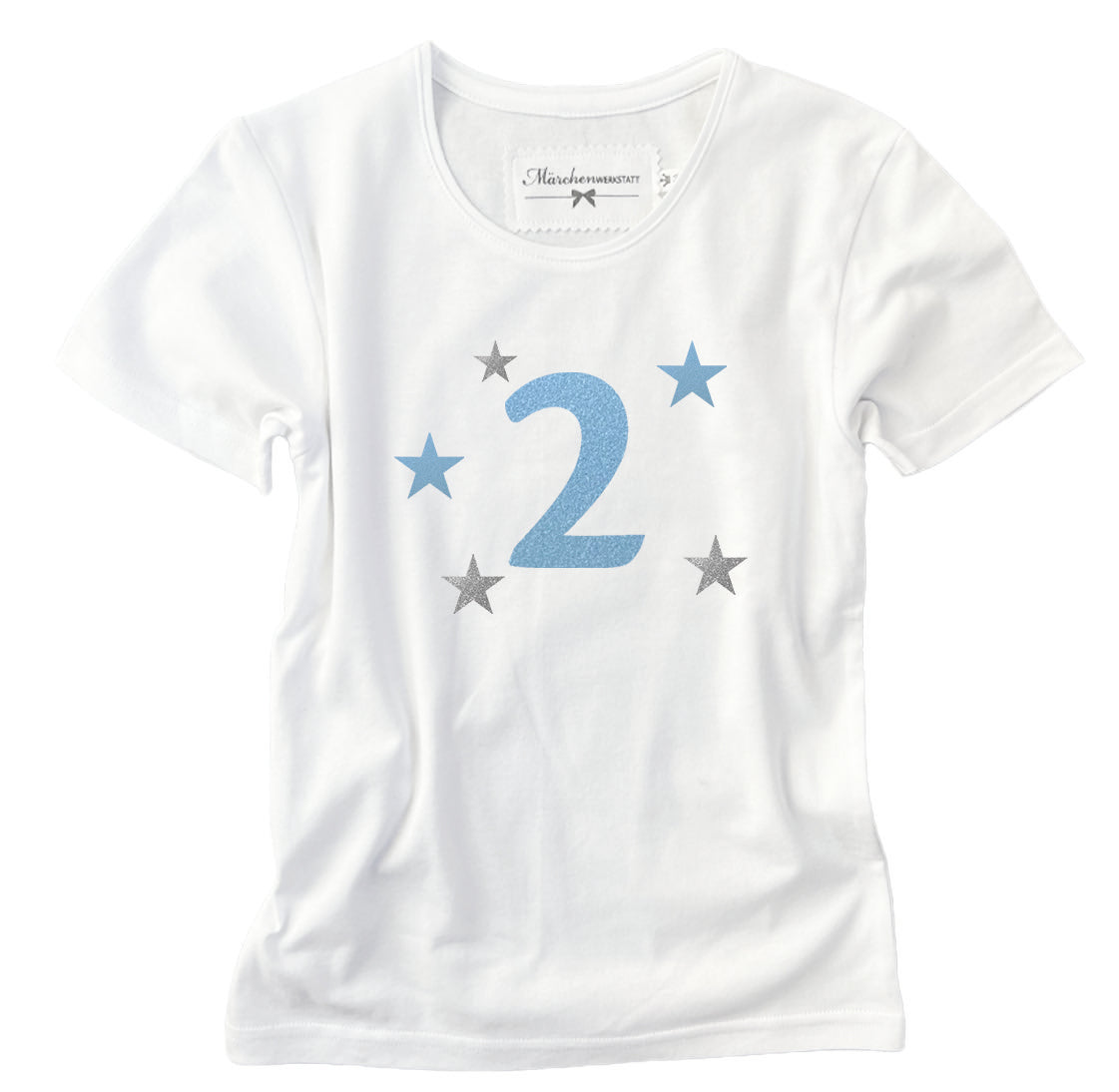 Geburtstags T-Shirt mit der Zahl 2 in hellblau und silbernen Sternen. Ein wunderbares Geschenk für kleine Jungs zum 2. Geburtstag.