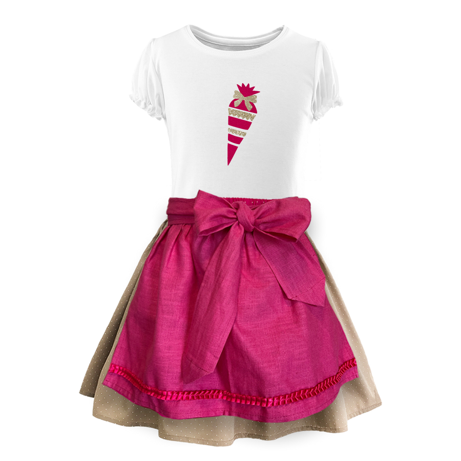 Kinder Dirndl Schulanfang Tupfen beige Schuerze leinen pink Schultuete