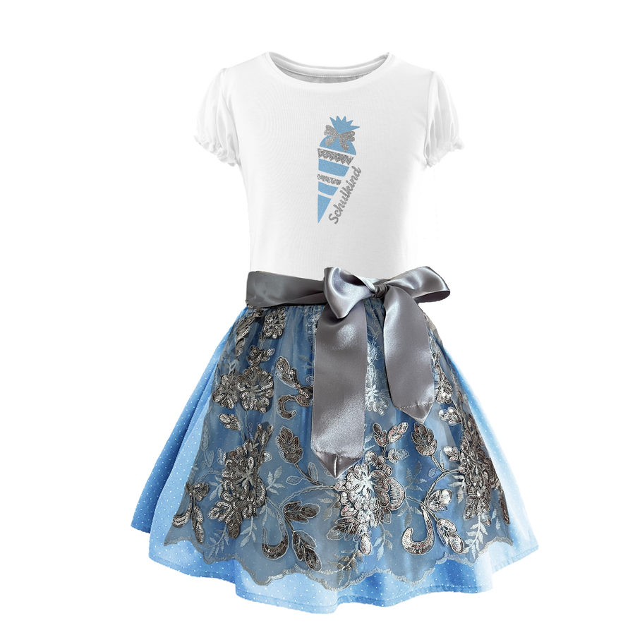 Kinder Dirndl Schulanfang hellblau Spitze silber Zuckertuete