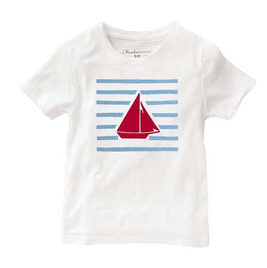 Handmade Kinder T-Shirt Segelboot rot hellblau
