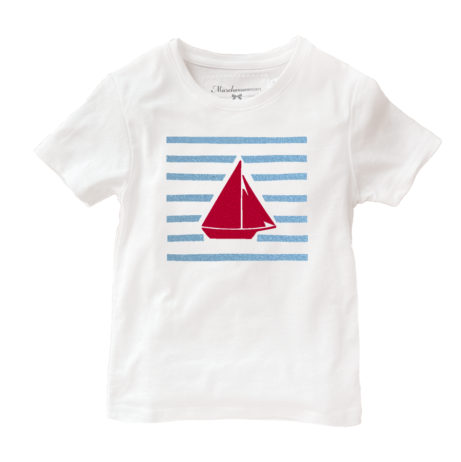 Handmade Kinder T-Shirt Segelboot rot hellblau