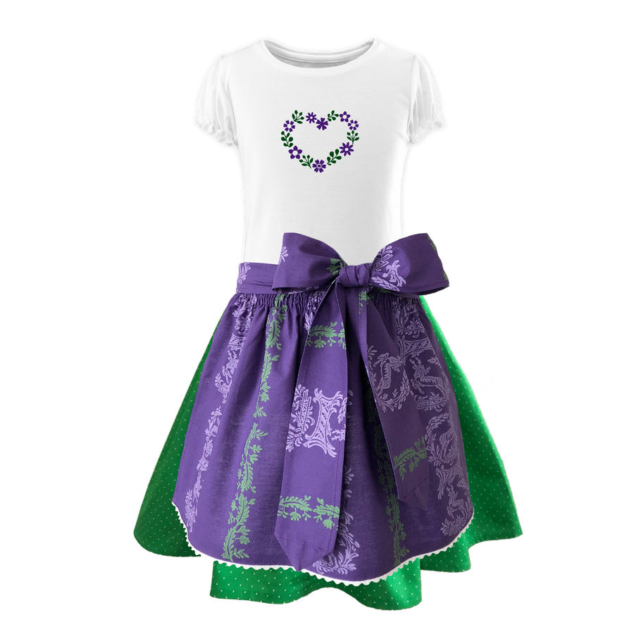 Kinderdirndl Baumwolle Rock Tupfen hellgruen Schuerze lila Ranke SHirt herz