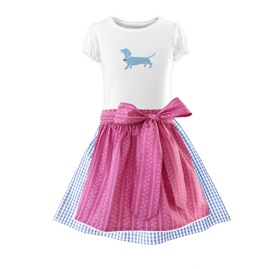 Kinderdirndl Baumwolle Rock karo hellblau Ranke pink Dackel