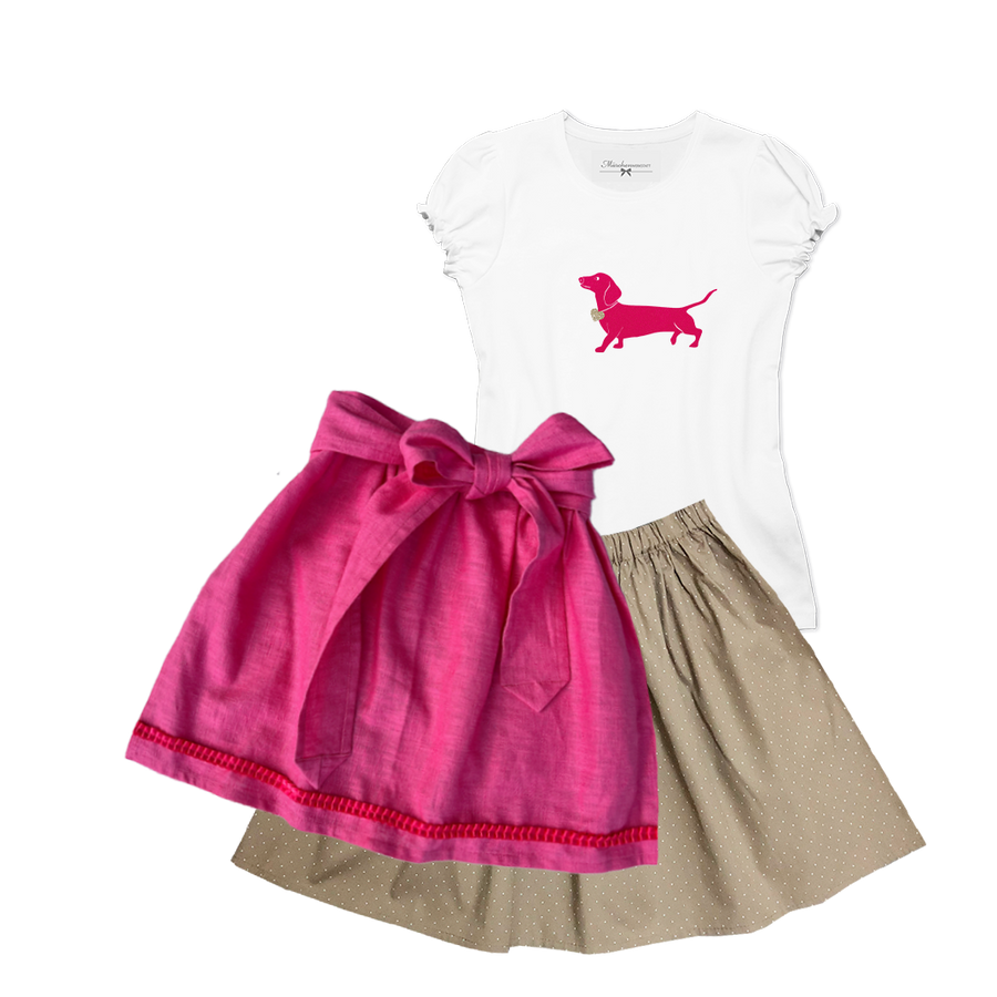 Kinderdirndl Rock beige Schuerze Leinen Shirt Dackel