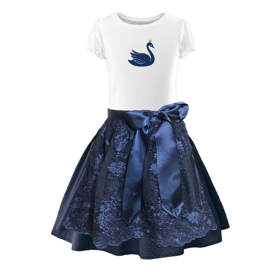 Kinderdirndl Rock dunkelblau Schuerze Spitze blau Shirt Schwan