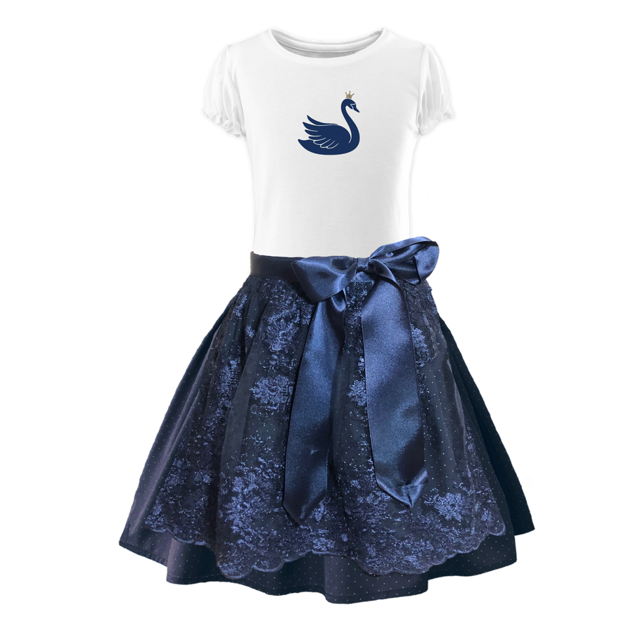 Kinderdirndl Rock dunkelblau Schuerze Spitze blau Shirt Schwan
