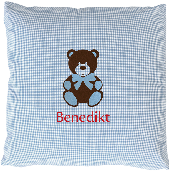 personalisiertes Kissen Vichykaro hellblau Baerchen Name