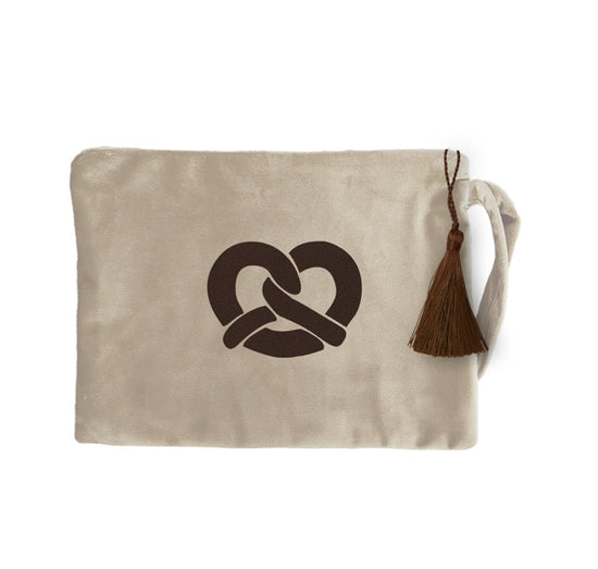 Kosmetiktasche Clutch Samt Oktoberfest beige Brezel gold