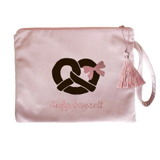 Kosmetiktasche Clutch Samt Oktoberfest hellrosa aufgebrezelt braun rosegold