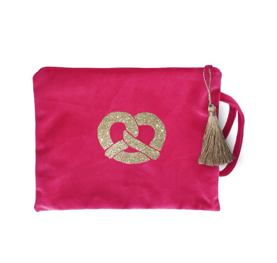 Kosmetiktasche Clutch Samt Oktoberfest pink Brezel gold
